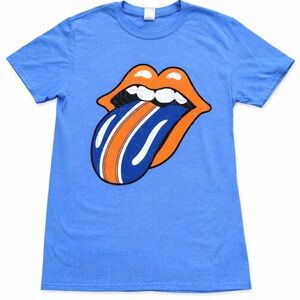 Rolling Stones Style Tongue Graphic T-Shirt Blue Size Medium Distressed Print
